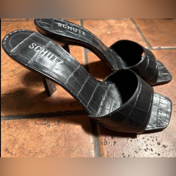 SCHUTZ Women's Posseni High Heel Slide Sandals in Black Croc Embossed - Picture 3 of 8